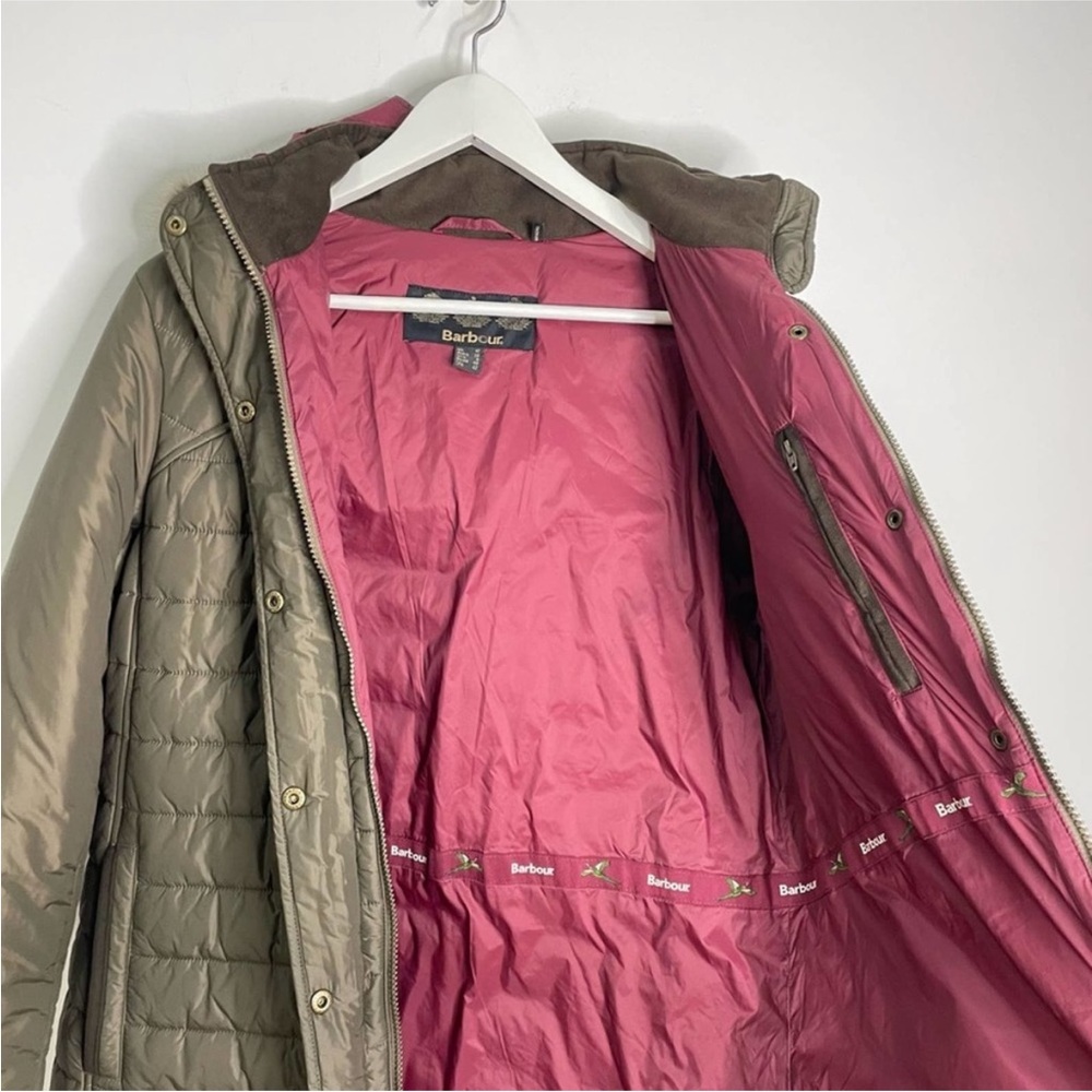 Barbour Women’s Olive Green Rossendale Faux Fur Hooded Quilted Winter Jacket 8